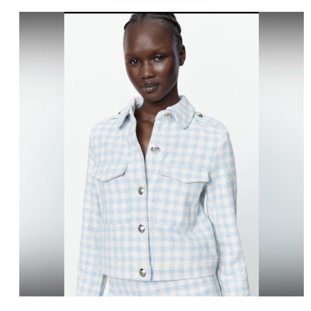 Zara Womens Textured Blue Gingham Blazer Jacket Silver Crest Buttons Medium